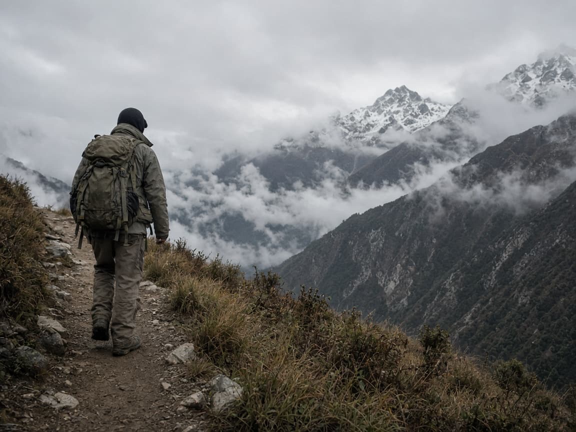 Hiker on a misty Himalayan ridge at dawn