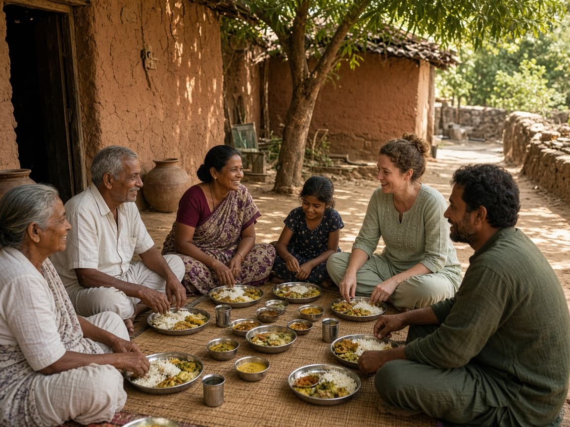Shared village meal with a host family in a courtyard