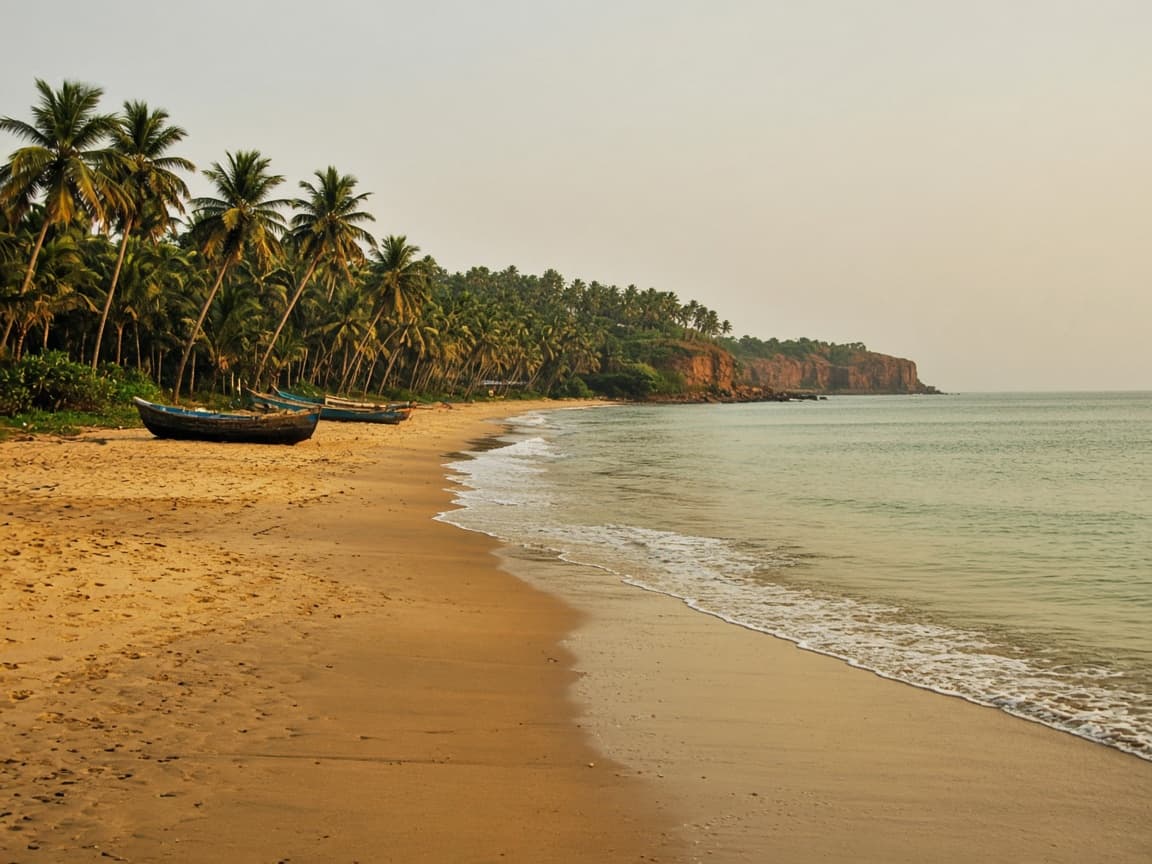 Quiet Gokarna-style beach with fishing boats and coconut palms