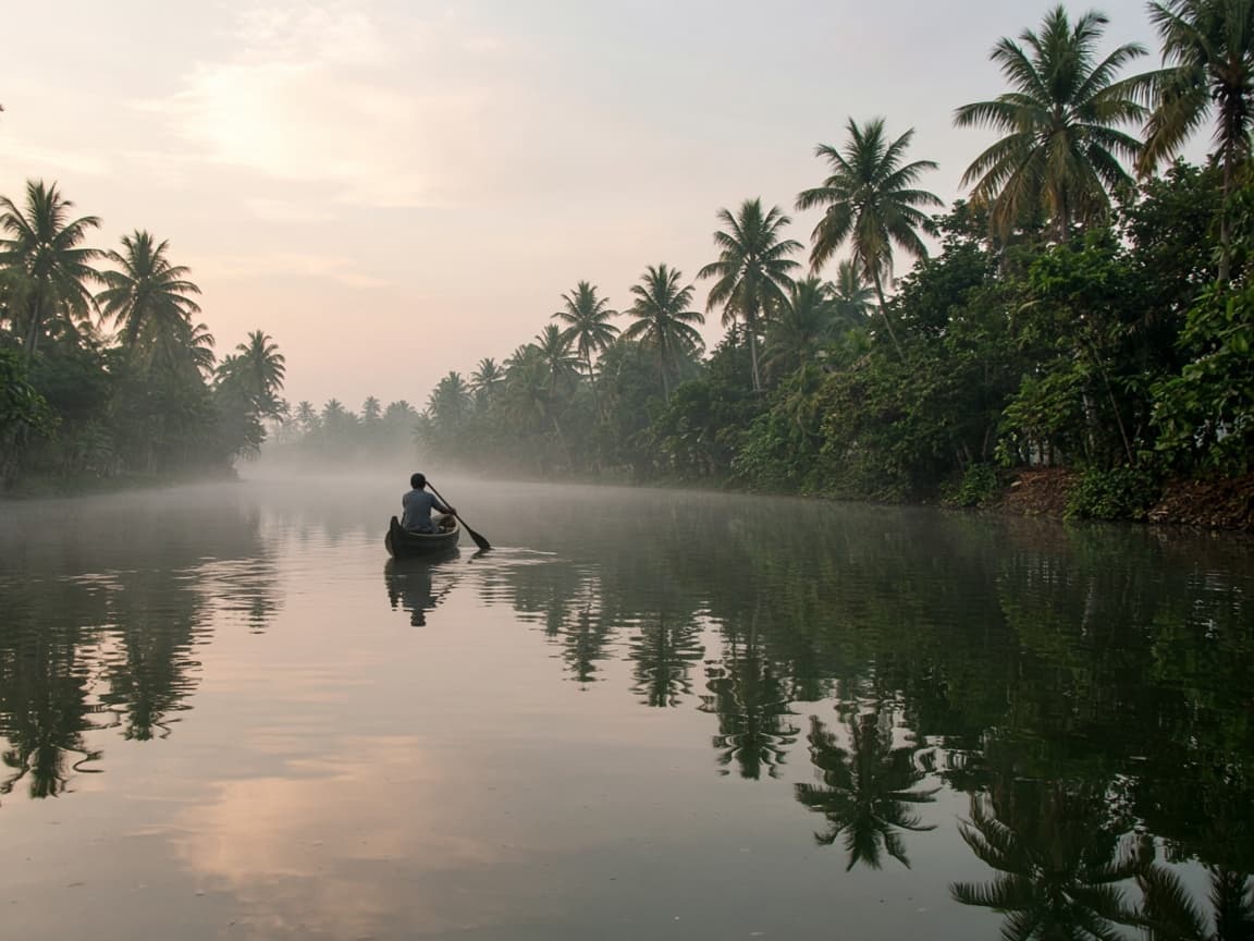 Lone canoe on misty Kerala backwaters at dawn