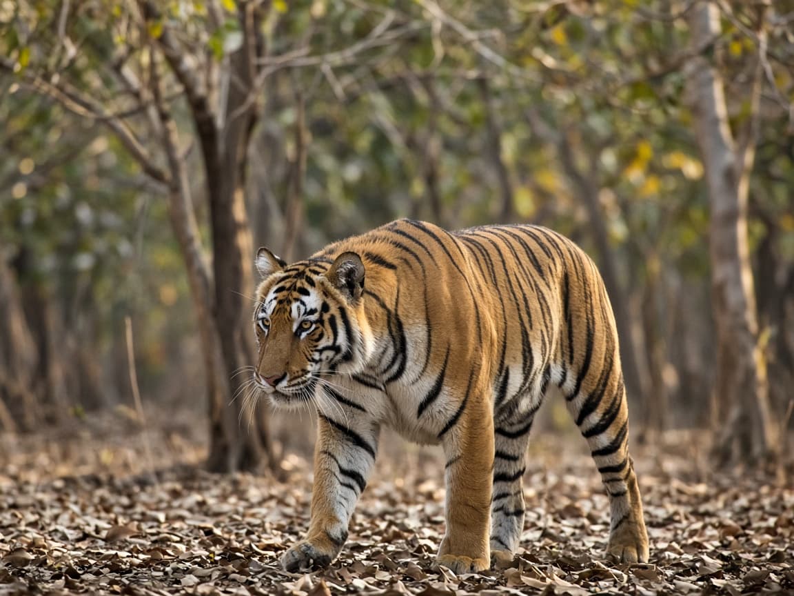 Bengal tiger walking through forest leaf litter